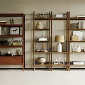 Modern Wooden Shelving Unit With Books Decorative Vases And Lamp In Living Room