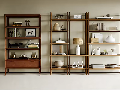 Modern Wooden Shelving Unit With Books Decorative Vases And Lamp In Living Room 3d model
