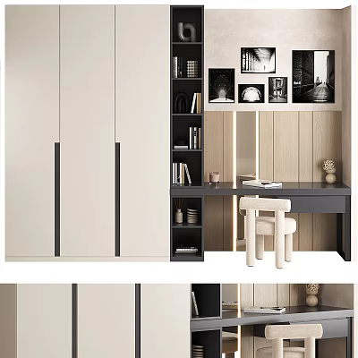 Modern Desk Interior With White Cabinets Bookshelf White Chair And Decorative Paintings 3d model