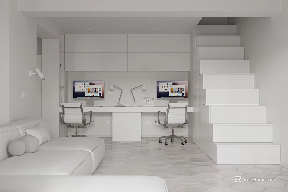 Modern White Apartment Interior With Desks Chairs Sofas And Stairs 3d model 