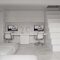 Modern White Apartment Interior With Desks Chairs Sofas And Stairs
