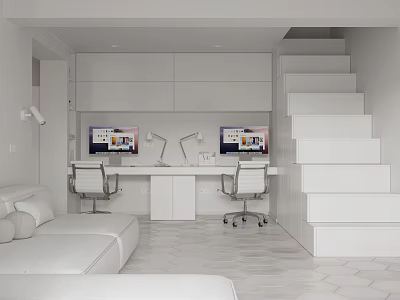 Modern White Apartment Interior With Desks Chairs Sofas And Stairs 3d model