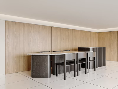 Modern Dining Table Set With Curved Table Black Chairs Wooden Walls And White Tiled Floor 3d model