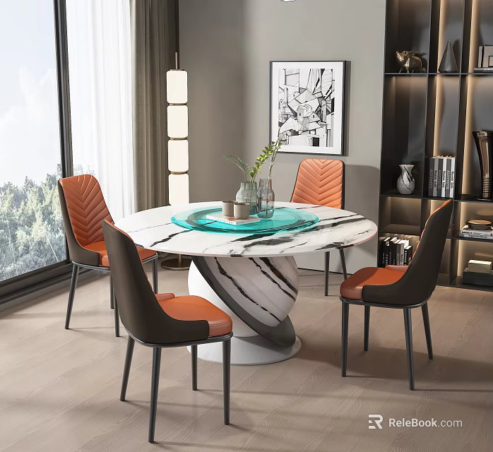 Round Marble Dining Table Set With Four Orange Brown Leather Chairs Green Tray And Plant 3d model 