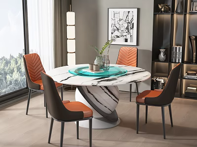 Round Marble Dining Table Set With Four Orange Brown Leather Chairs Green Tray And Plant 3d model