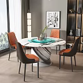 Round Marble Dining Table Set With Four Orange Brown Leather Chairs Green Tray And Plant