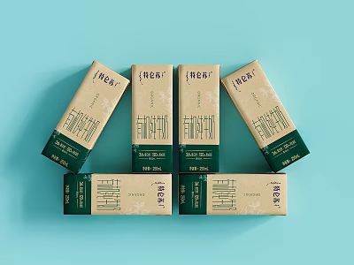 Six HEY Brand Beverage Boxes in Beige and Green on Light Blue Background 3d model