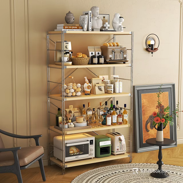 Metal Shelving Unit With Coffee Maker Wine Bottles Microwave And Decorative Items In Living Space 3d model 