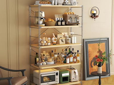 Metal Shelving Unit With Coffee Maker Wine Bottles Microwave And Decorative Items In Living Space 3d model