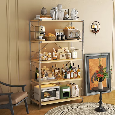 Metal Shelving Unit With Coffee Maker Wine Bottles Microwave And Decorative Items In Living Space 3d model