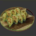 Freshly Cooked Crispy Golden Brown Fried Dumplings On Round Wooden Tray