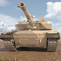 Sand Colored Military Tank With Cannon Tracks In Desert Under Cloudy Sky