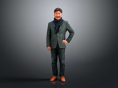 A Man In Green Blazer And Blue Scarf Standing Against Gray Background 3d model