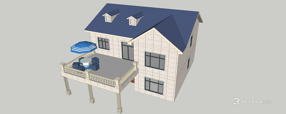 Single Family House with Blue Roof White Exterior Terrace Patio Umbrella and Furniture 3d model 