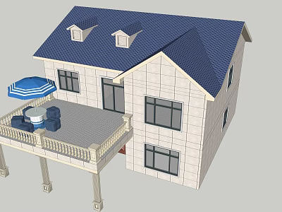 Single Family House with Blue Roof White Exterior Terrace Patio Umbrella and Furniture 3d model