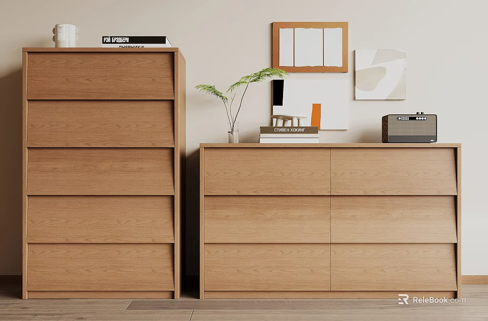 Wooden Dressers in Modern Interior with Decorative Plants and Framed Art 3d model 
