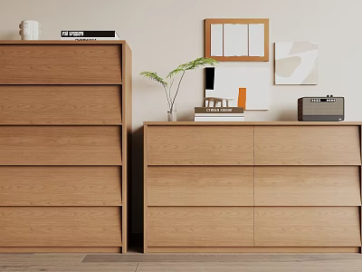 Wooden Dressers in Modern Interior with Decorative Plants and Framed Art 3d model
