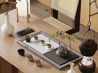 Traditional Chinese Tea Set With Teapot Cups Tray On Wooden Tabletop And Green Plants 3d model