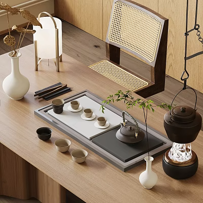 Traditional Chinese Tea Set With Teapot Cups Tray On Wooden Tabletop And Green Plants 3d model