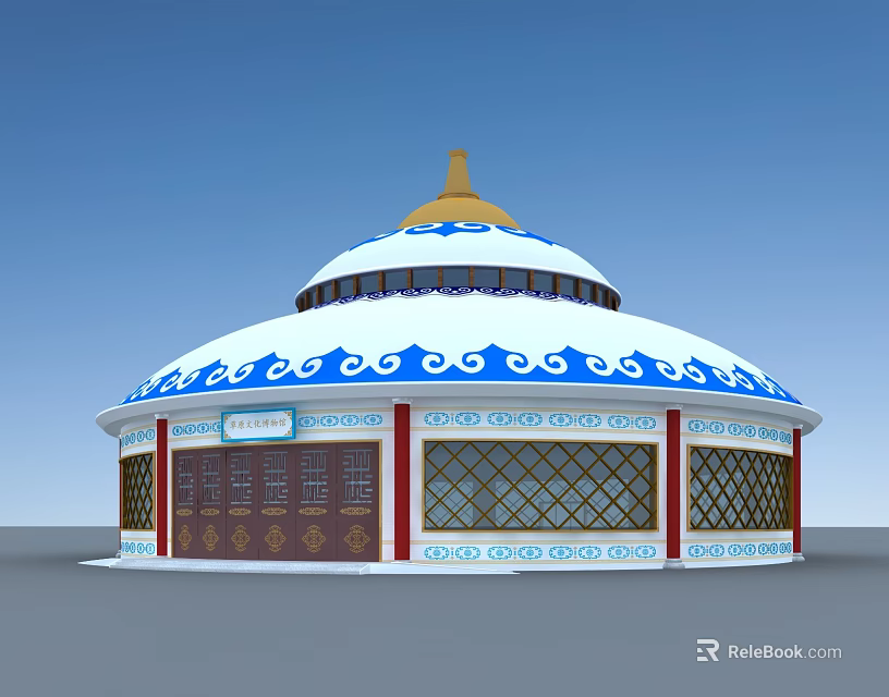 Traditional Mongolian Yurt Style Museum Building With Blue White Decor Golden Dome And Red Pillars 3d model 