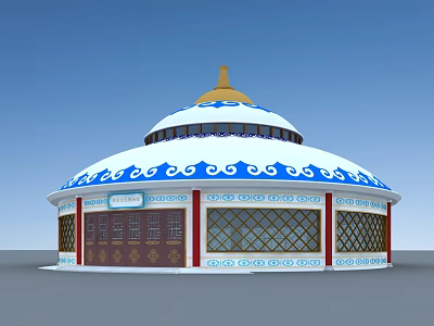 Traditional Mongolian Yurt Style Museum Building With Blue White Decor Golden Dome And Red Pillars 3d model