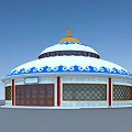 Traditional Mongolian Yurt Style Museum Building With Blue White Decor Golden Dome And Red Pillars