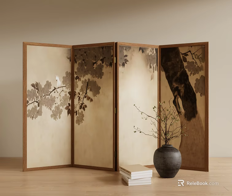 Traditional Wooden Folding Screen With Leaf Pattern And Vase For Interior Decor 3d model 