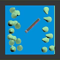 Blue Board Model Scene With Green Boat And Light Green Mountain Shapes