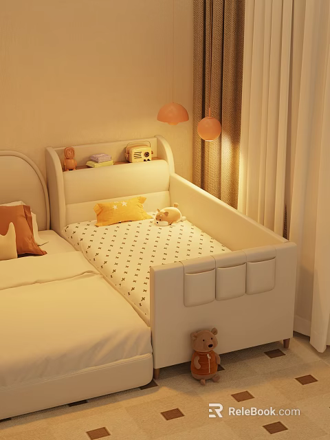 Cozy Kids Bed With Black Polka Dot Mattress Yellow Pillow Teddy Bear And Orange Pendant Lights 3d model 