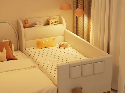 Cozy Kids Bed With Black Polka Dot Mattress Yellow Pillow Teddy Bear And Orange Pendant Lights 3d model