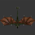 3D Mythical Dragon Character With Green Body Red Wings and Horns Standing in Dark Background
