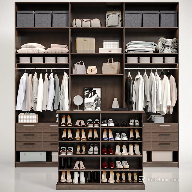 Organized Wardrobe Interior with Hanging Clothes Shoes Bags Drawers and Storage Boxes 3d model 