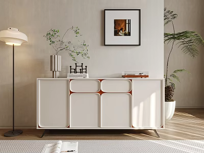 Modern White Entryway Console Table With Green Plants Floor Lamp And Decorative Painting 3d model