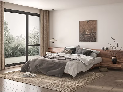 Background Double Bed with Gray White Bedding Wooden Headboard Large Window Green Landscape Artwork 3d model
