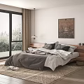 Background Double Bed with Gray White Bedding Wooden Headboard Large Window Green Landscape Artwork