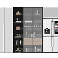 Modern Wine Cabinet Interior Design With Multiple Shelves Glassware And Decorative Items 3d model