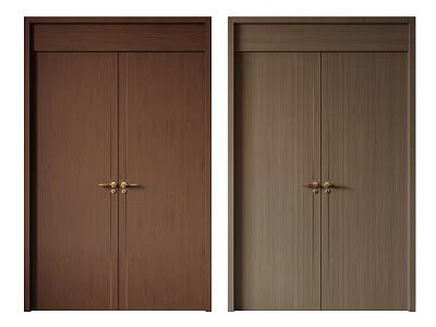 Wooden Double Doors with Dark Brown and Light Brown Finishes and Golden Handles 3d model