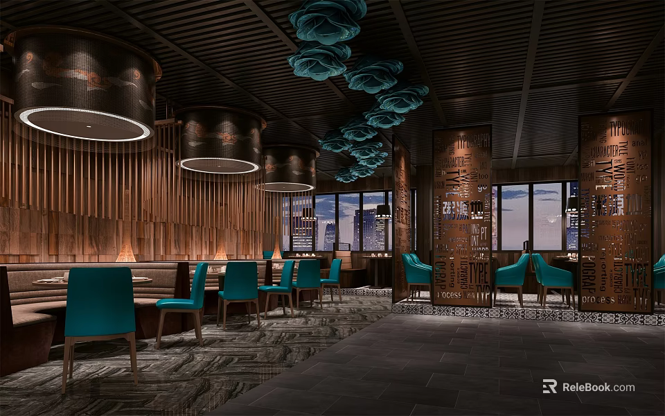 Elegant Restaurant Interior With Teal Chairs Wooden Walls Hanging Decorations And Large Windows 3d model 