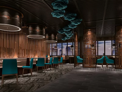 Elegant Restaurant Interior With Teal Chairs Wooden Walls Hanging Decorations And Large Windows 3d model