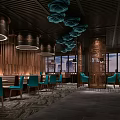 Elegant Restaurant Interior With Teal Chairs Wooden Walls Hanging Decorations And Large Windows