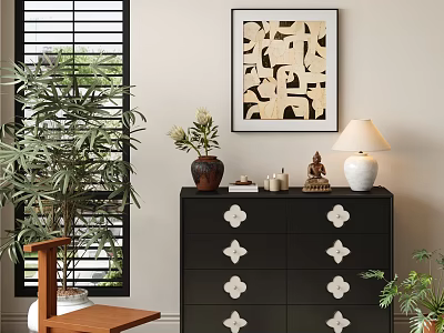 Black Dresser With White Floral Knobs Vase Candles Buddha Statue Table Lamp Near Window Blinds 3d model