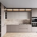 Modern Kitchen Interior Design With Light Gray Cabinets Marble Backsplash Stove Built-in Appliances And Lighting