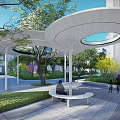 Modern Garden Landscape With White Canopies Green Trees Benches And Pedestrian Paths