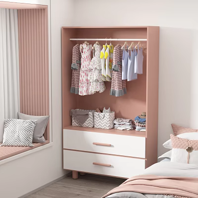 Kids Pink Wardrobe With Hanging Rail Colorful Clothes Storage Baskets And Two White Drawers 3d model