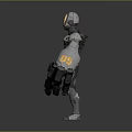 Silver Metallic Robot Character With Glowing Orange Eyes And Mechanical Arms