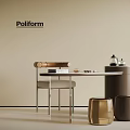 Poliform Modern Interior With Beige Wall Round Table Chair Gold Brown Stools 3d model