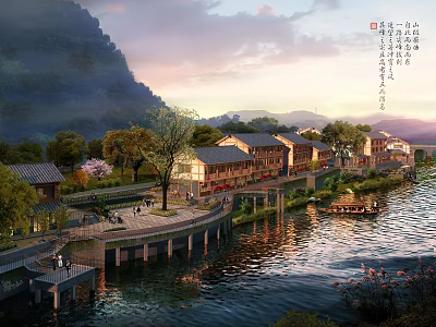 Traditional Commercial Street with River View Mountain Backdrop Sunset Evening Pedestrian Walkway and Wooden Boats 3d model
