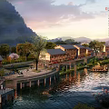 Traditional Commercial Street with River View Mountain Backdrop Sunset Evening Pedestrian Walkway and Wooden Boats