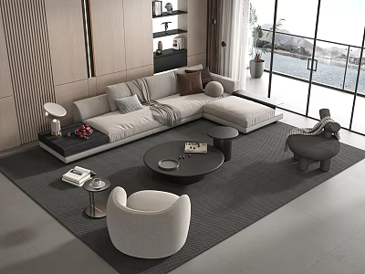 Modern Sofa And Coffee Table Set With Grey Rug Accent Chairs And Large Windows 3d model