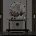 Modern Chinese Entryway Console Table With Circular Artwork And Pendant Lights 3d model